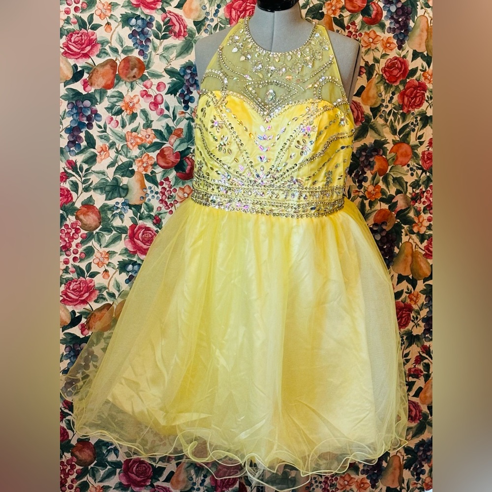 Yellow vintage tulle Prom, Sparkle Halter Dress, XXXL